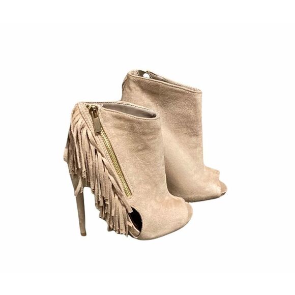 Qupid Nude Suede Studded Vertical Fringe Peep Toe Cutout Stiletto Bootie - Picture 2 of 10